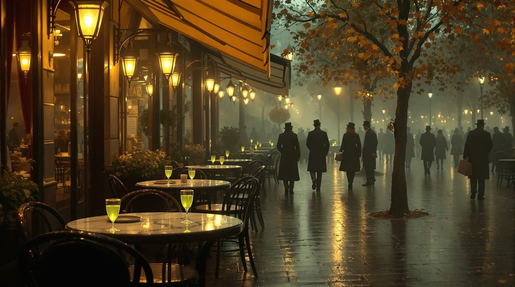 Belle Époque Parisian cafe terrace at dusk with glasses of pale green absinthe on marble tables