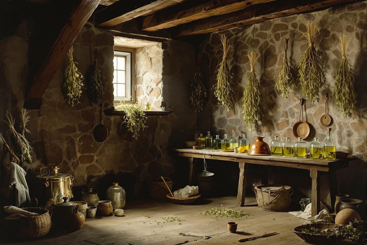 An Alpine still-room with a small copper still, demijohns of green tincture and drying wormwood