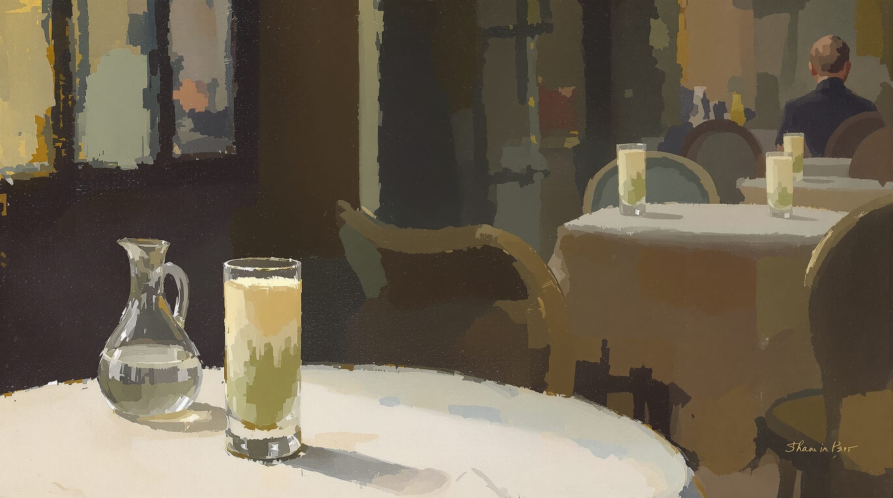 Impressionist-style painting of a solitary figure at a Parisian cafe table with a glass of absinthe