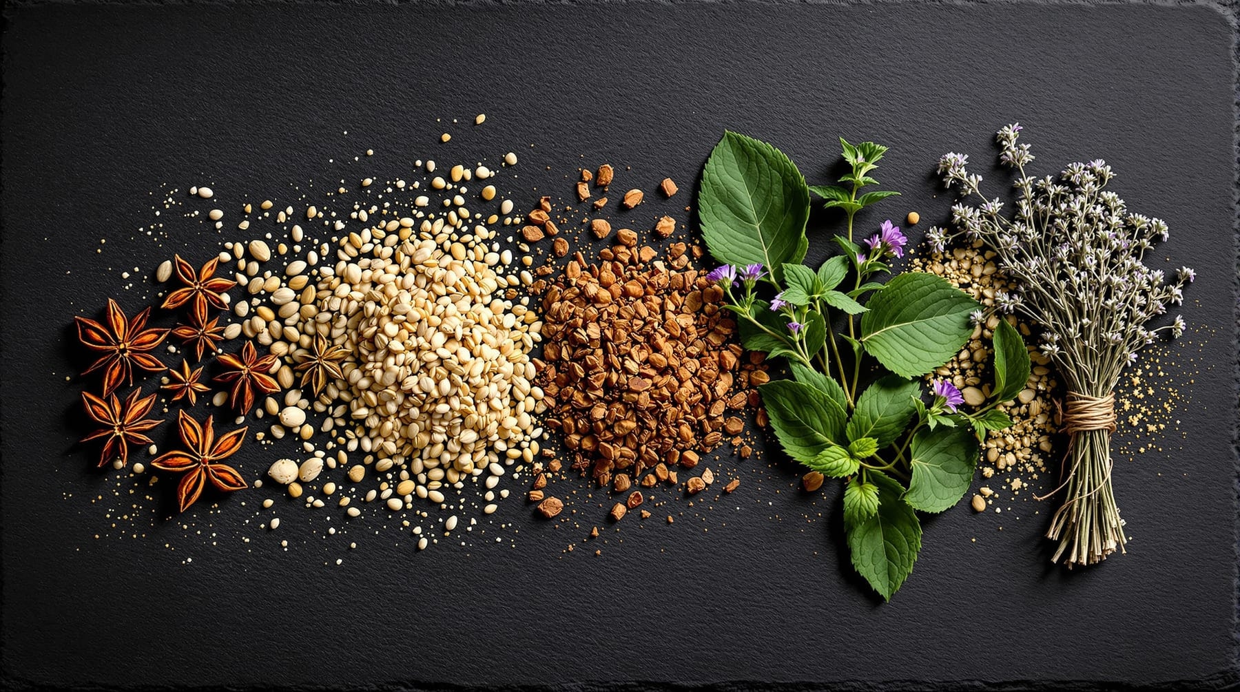 Star anise, anise seed, fennel, coriander, angelica, licorice root, hyssop and wormwood arranged on slate