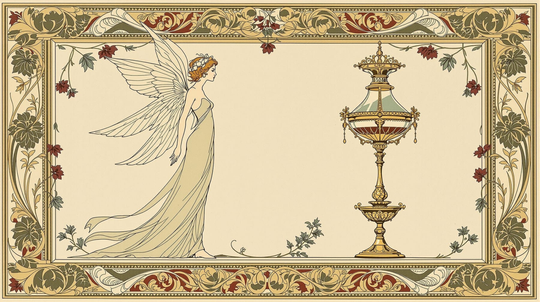 Art nouveau lithograph-style illustration of a green fairy beside an ornate absinthe fountain