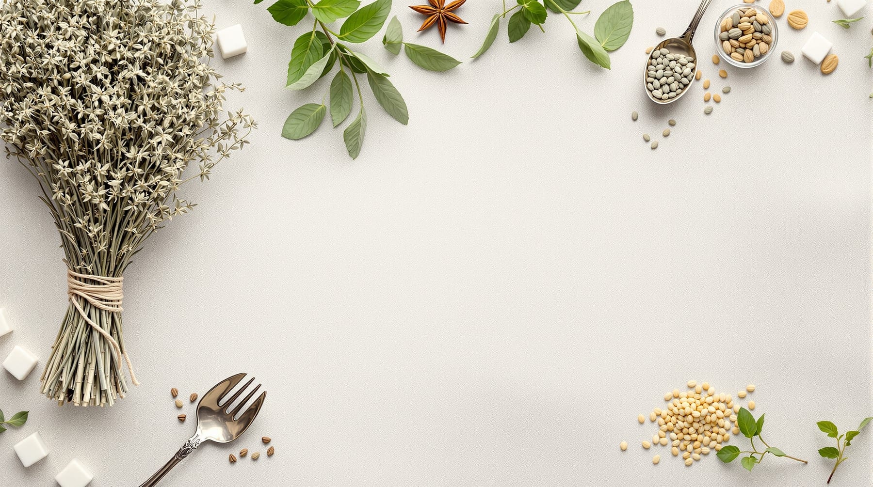 Dried absinthe botanicals, antique slotted spoons and sugar cubes arranged on parchment