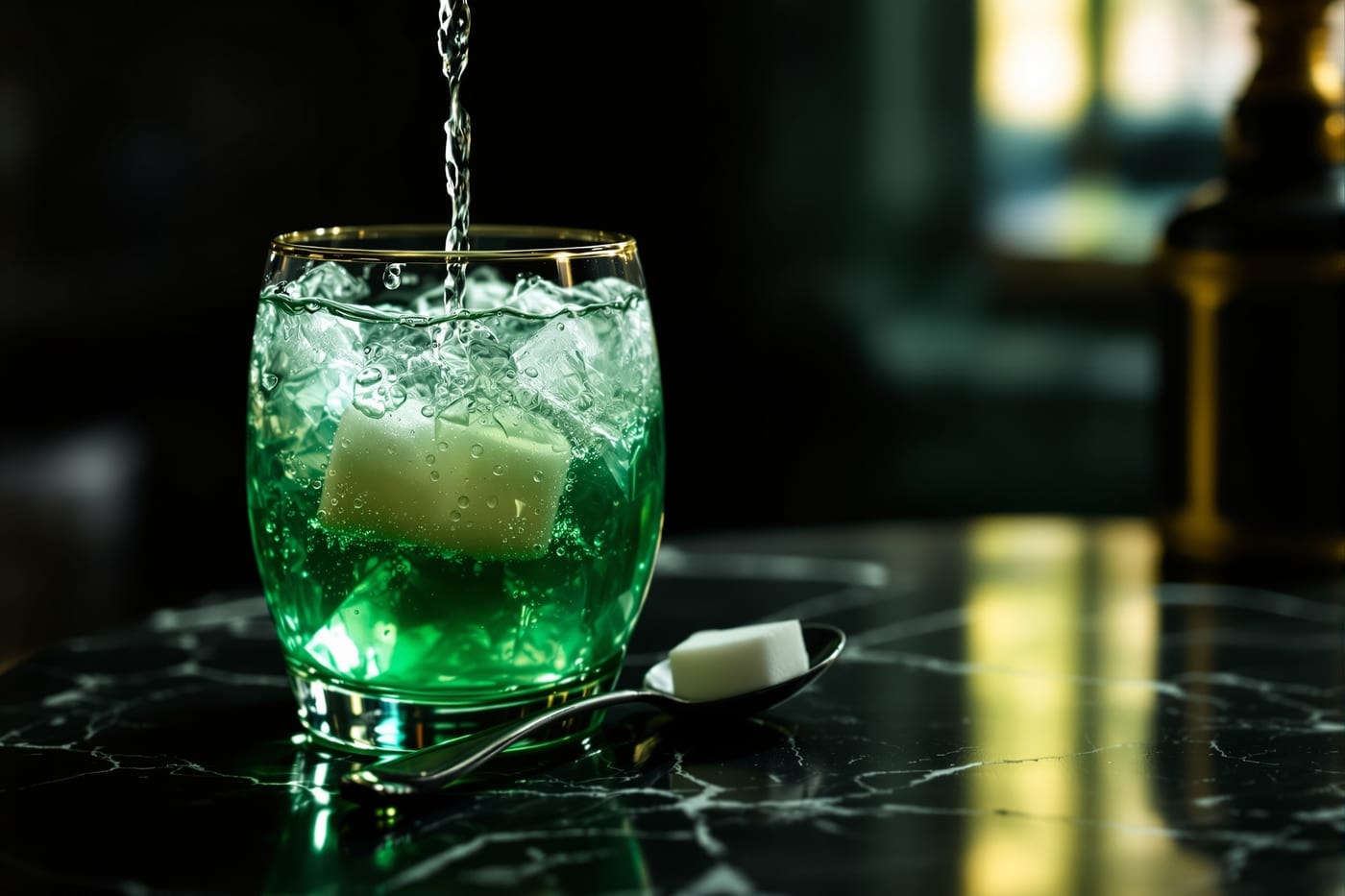 Absinthe glass turning cloudy as iced water is dripped over a sugar cube on a slotted spoon