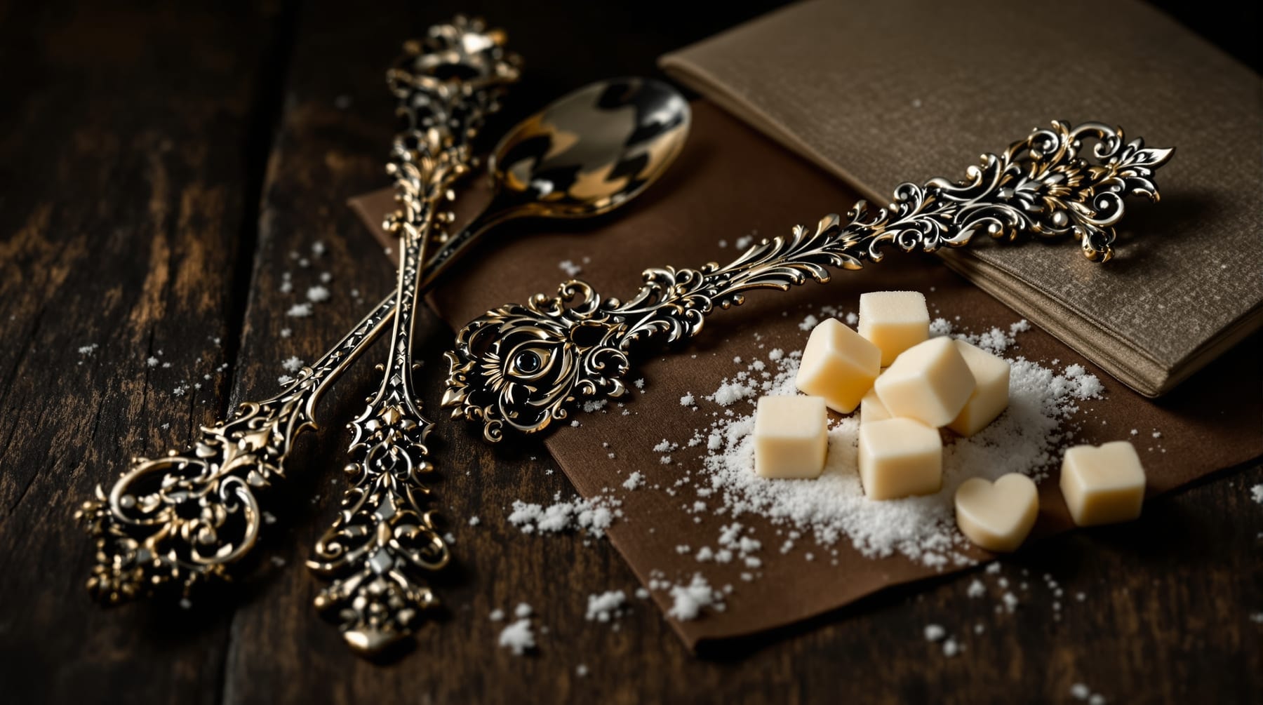 Two ornate slotted absinthe spoons beside sugar cubes shaped as hearts, diamonds, clubs and spades