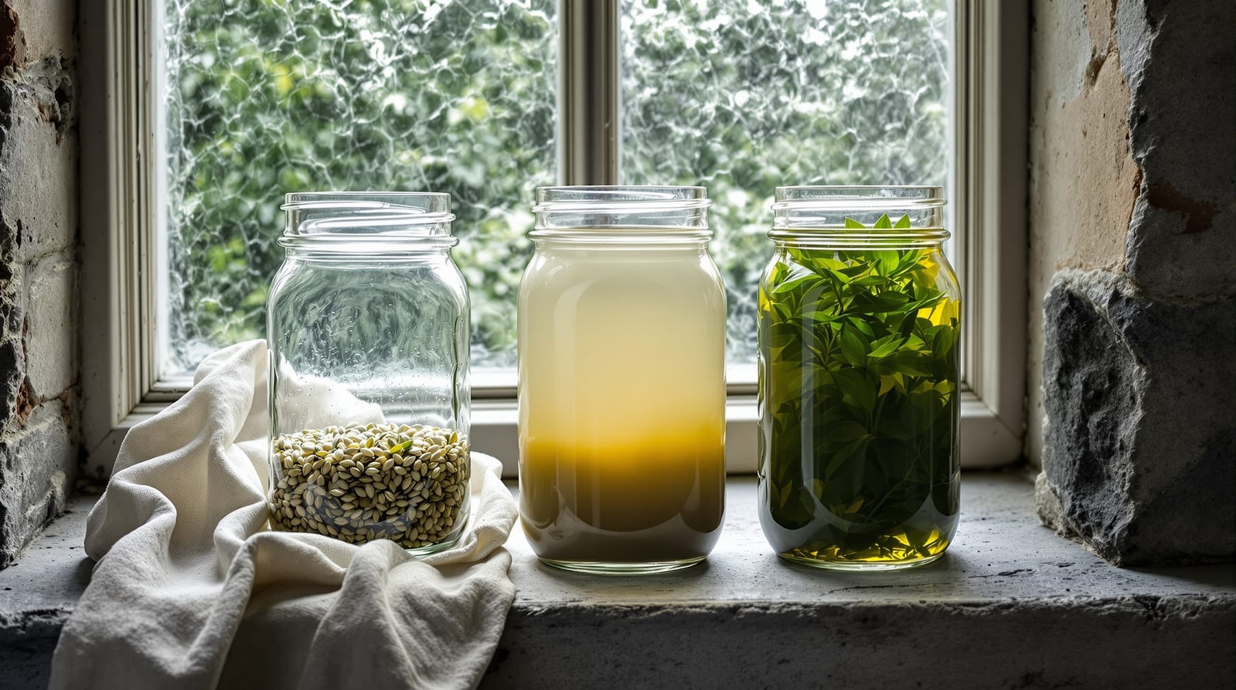 Three glass jars of herbs steeping in spirit at different stages on a stone windowsill