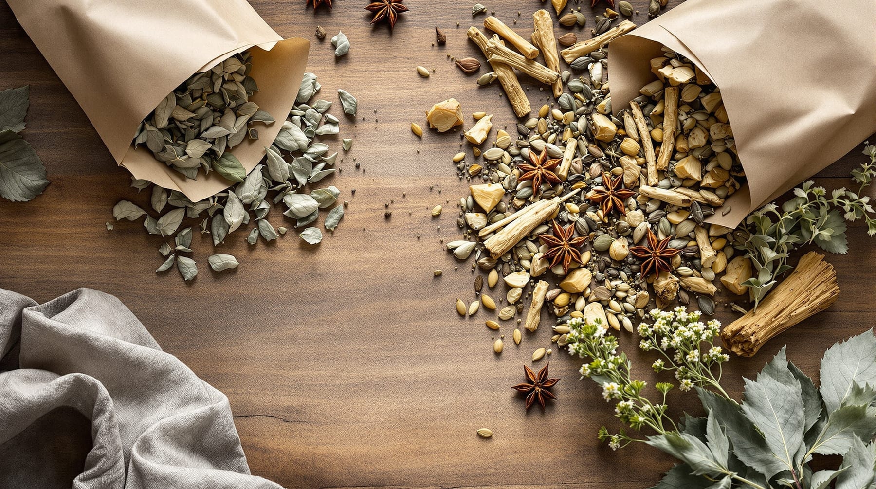 Dried wormwood, lemon balm, angelica and licorice root spilling from paper packets on a wooden table