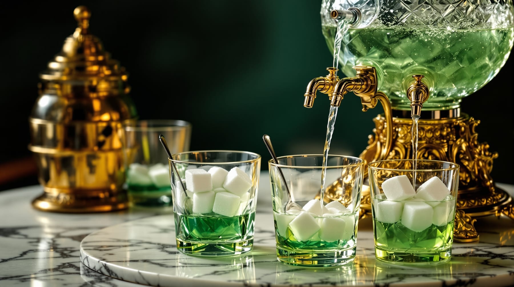 An antique absinthe fountain dripping iced water into Pontarlier glasses turning cloudy green
