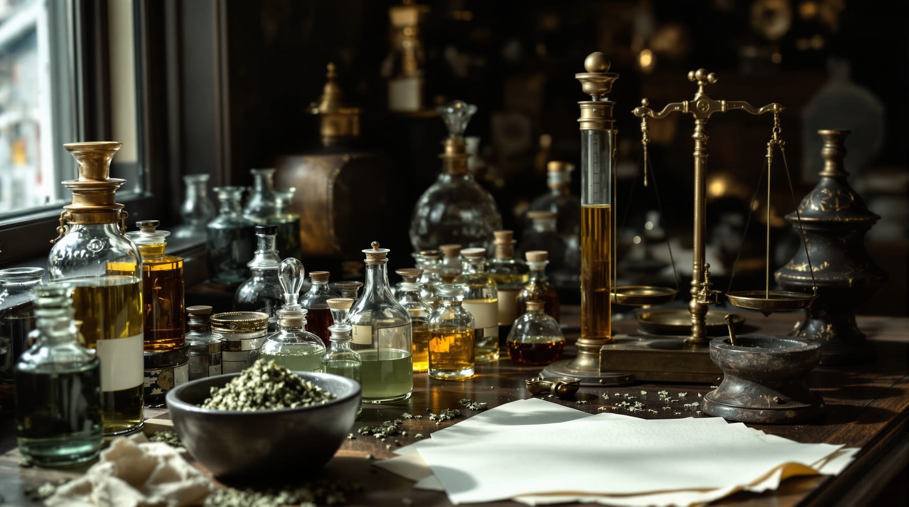 Antique apothecary bench with glass vials of green tincture, a brass balance and crushed dried herb