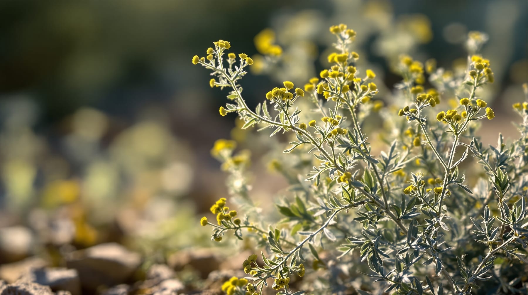 Grande wormwood, Artemisia absinthium, showing silver-grey feathery leaves and small yellow flowerheads